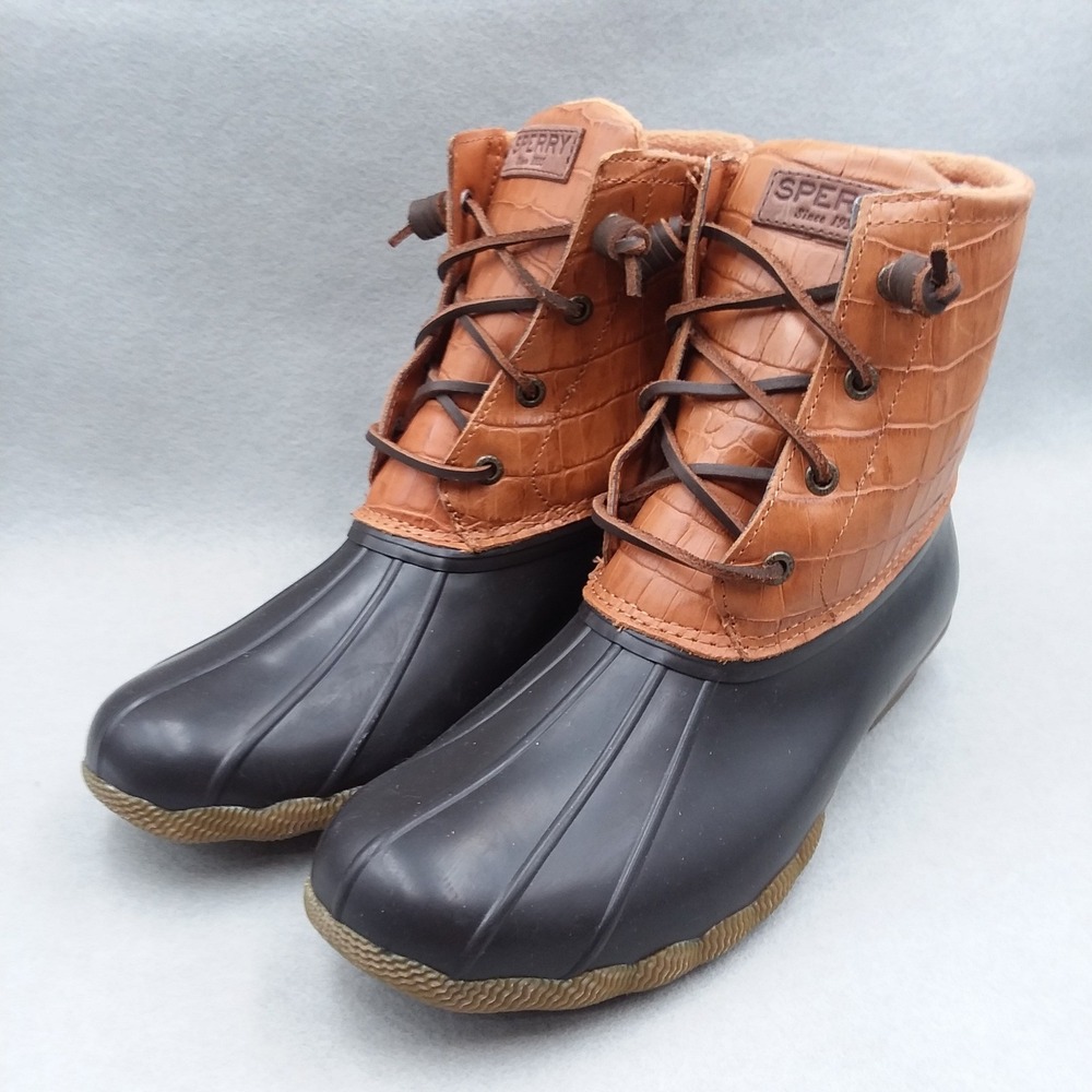 Sperry‎ Saltwater Croc Embossed Duck Boots Women's 10 Brown Leather Waterproof